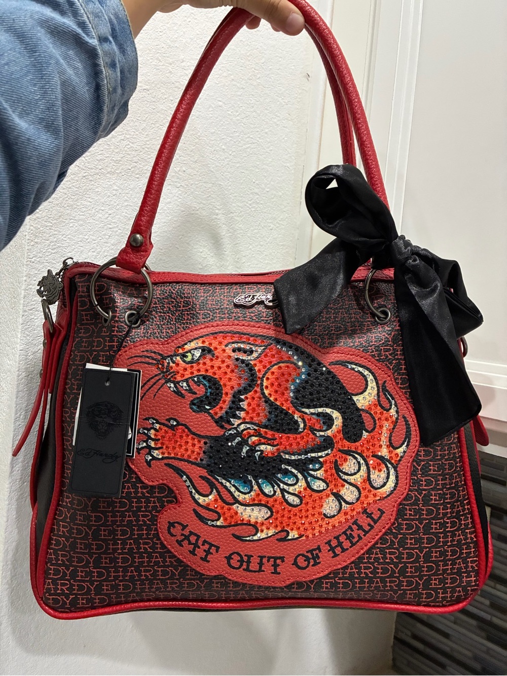 Ed Hardy Red and Black 'Cat Out of Hell' Tote with Bow